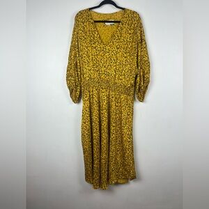Anthropologie 1X  Marigold Midi Floral Yellow Puff Sleeve Smocked Boho